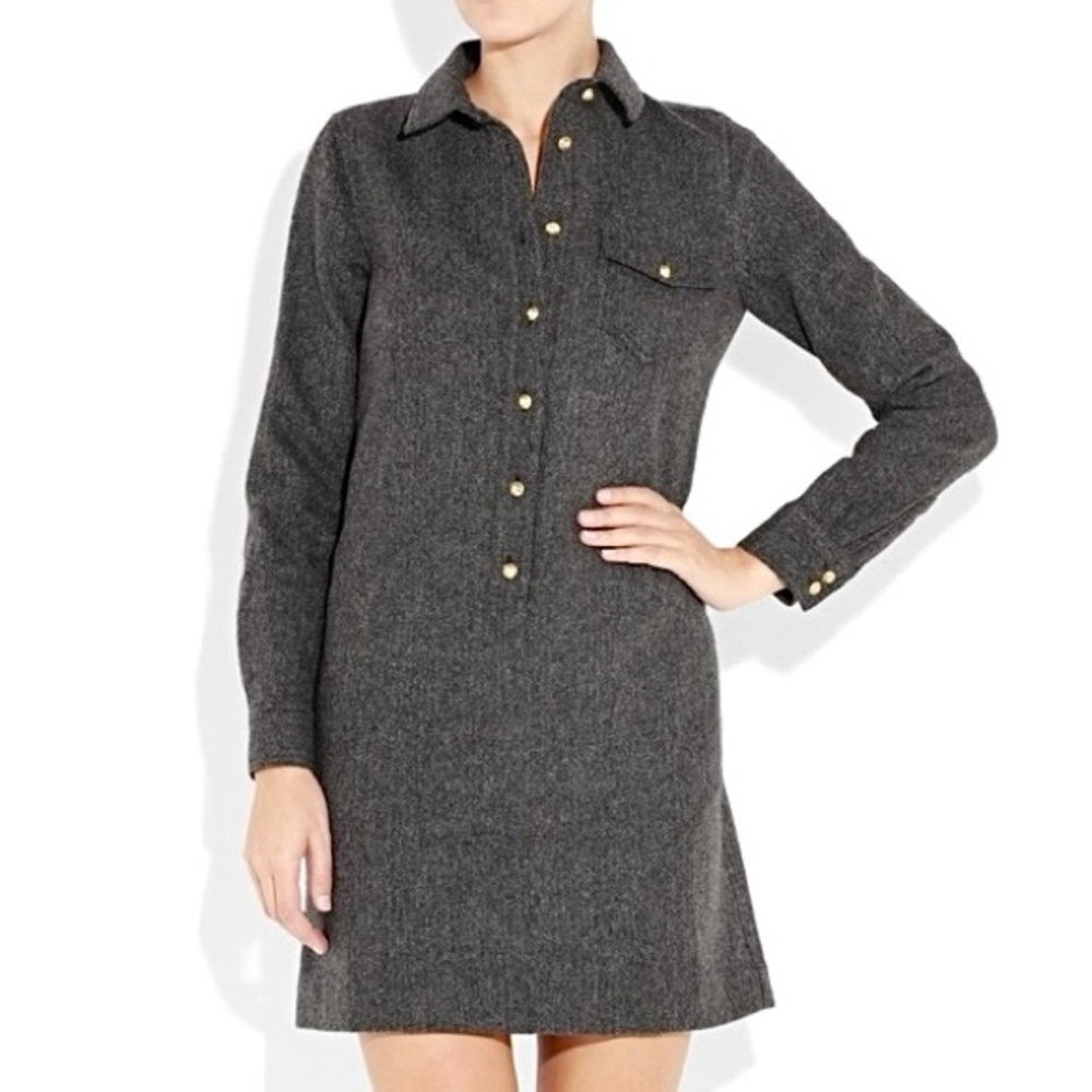 J.Crew 100% Wool Sweater Shirt Dress Tunic Herringbone Collared Dark Gray Size 4